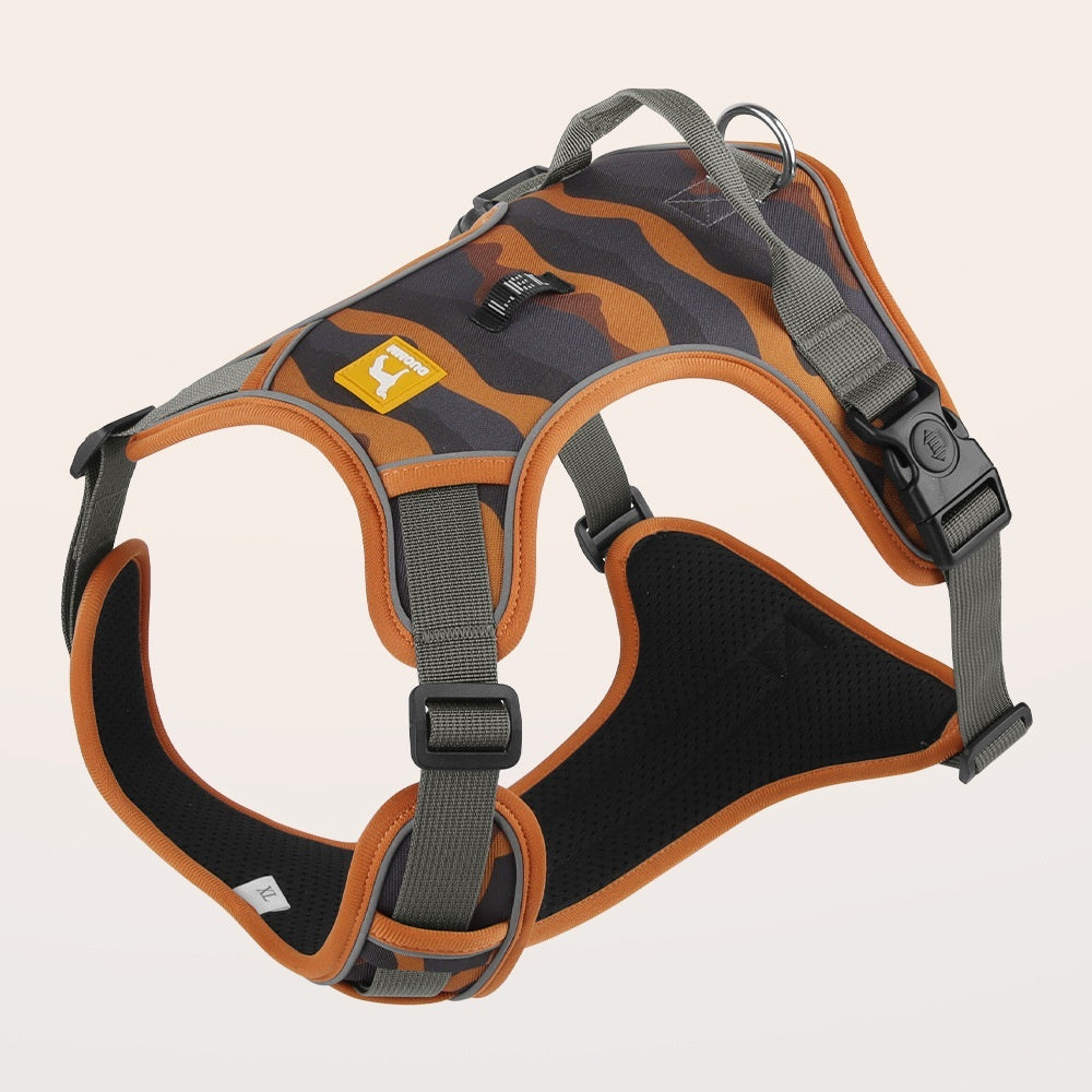 Reflective dog harness, chocolate camo with orange trim, black straps, and side buckle