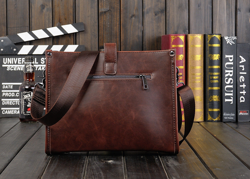 Mens Shoulder Messenger Bag Korean Style Casual Horizontal Retro PU Leather Brown 28 Inch Length