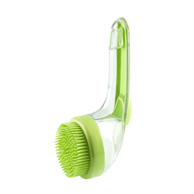 Long-handle pet bath brush with green bristle head and clear curved handle