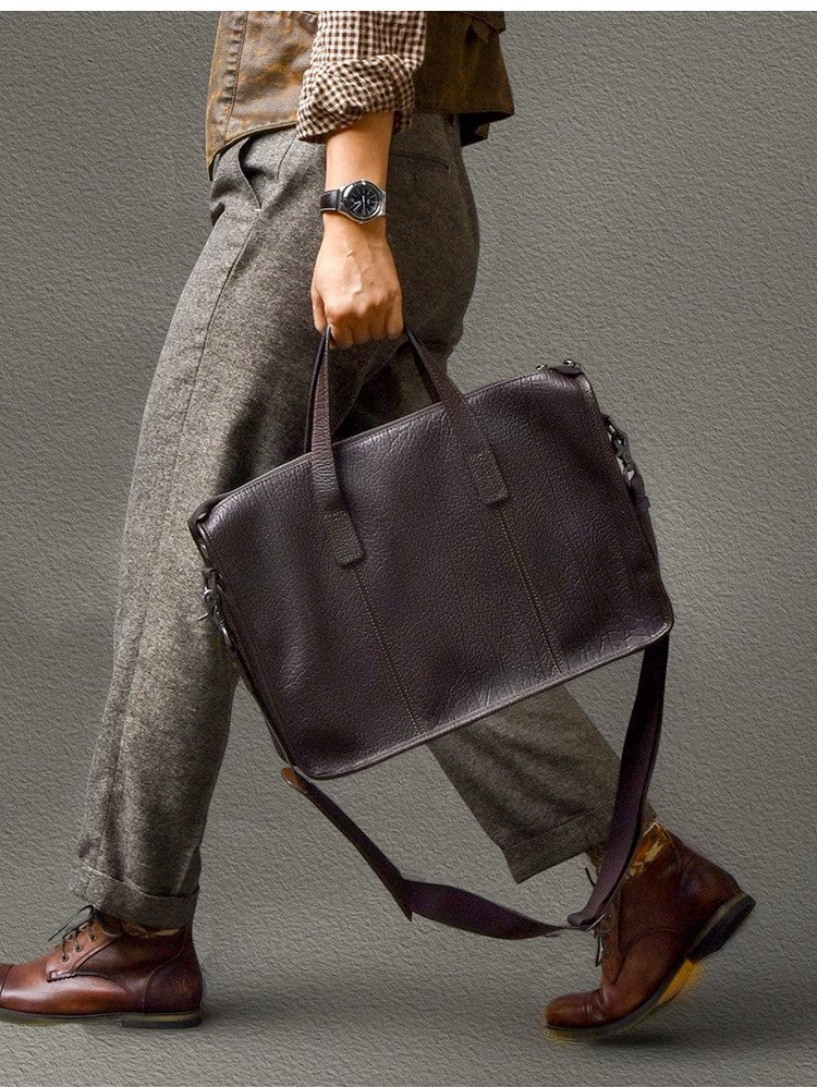 Men's Thick First Layer Cowhide Leather Shoulder Bag With Zipper Closure For Commuter Black Brown