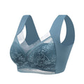 Blue lace wireless push-up bra with 3/4 cups, floral embroidery, and lace trim.