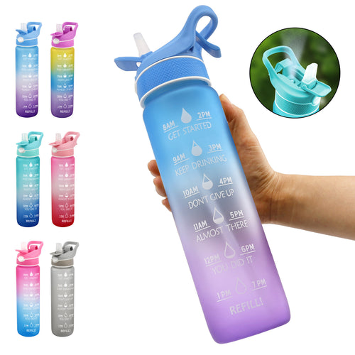 1000ml motivational spray water bottle with straw; blue-to-purple gradient and time markers