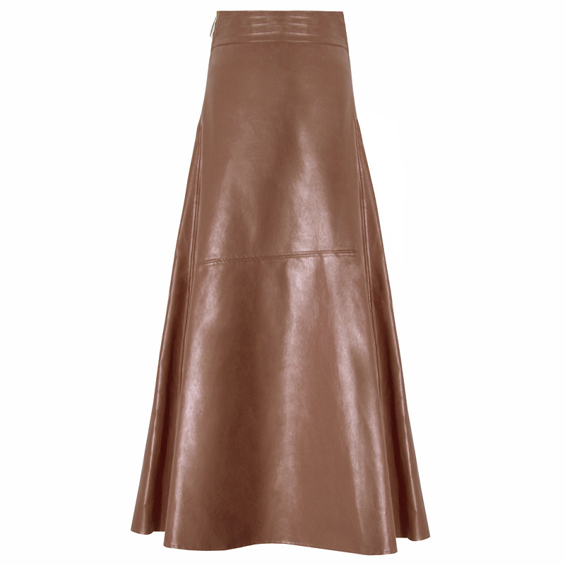 High-waist leather skirt, khaki A-line flare with stitched front yoke