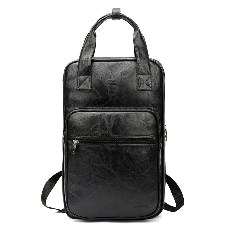 Simple Thick PU Leather Waterproof Backpack Retro Style for Men and Women Black Brown