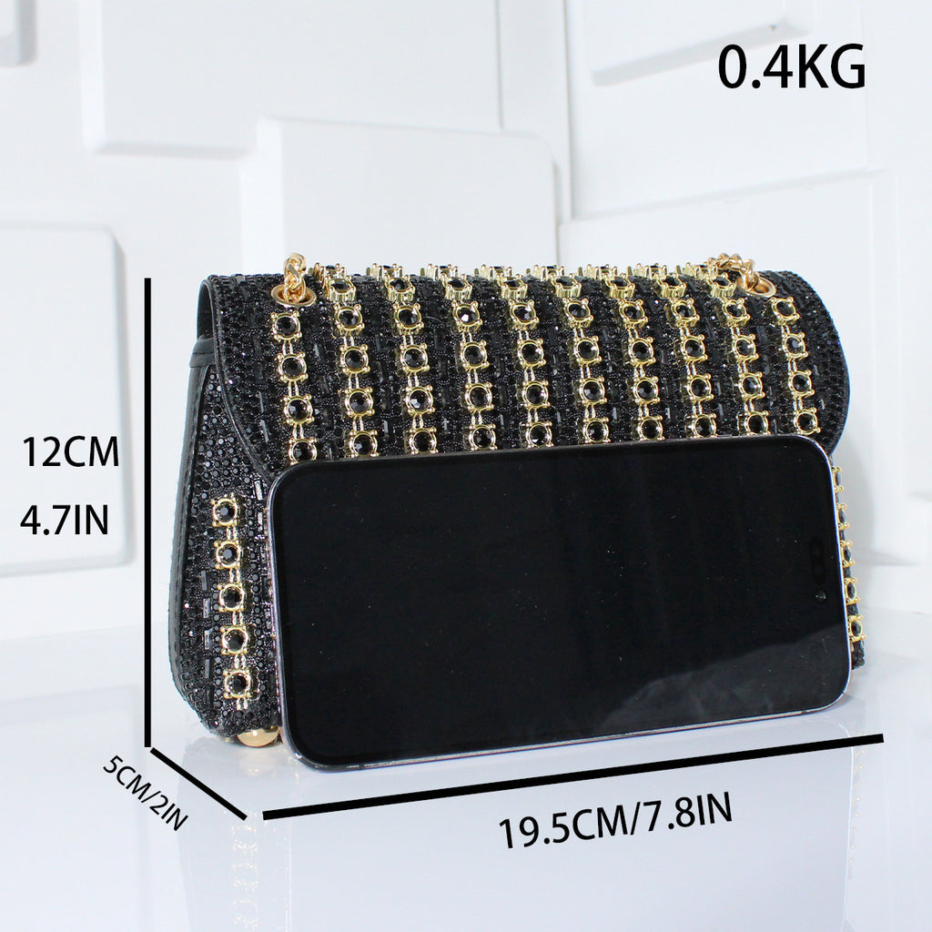 Diamond Emblazoned Crossbody Dinner Bag PU Leather Hand Carrying Horizontal Square Design Evening Wear