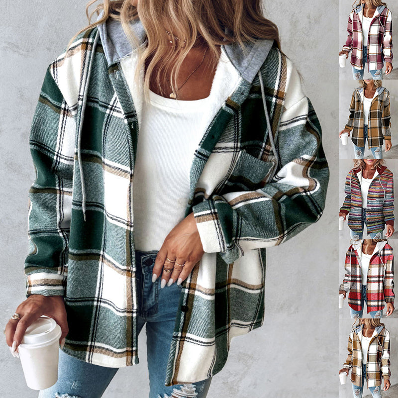 Women’s plaid hooded jacket, green and white with button front and front pockets
