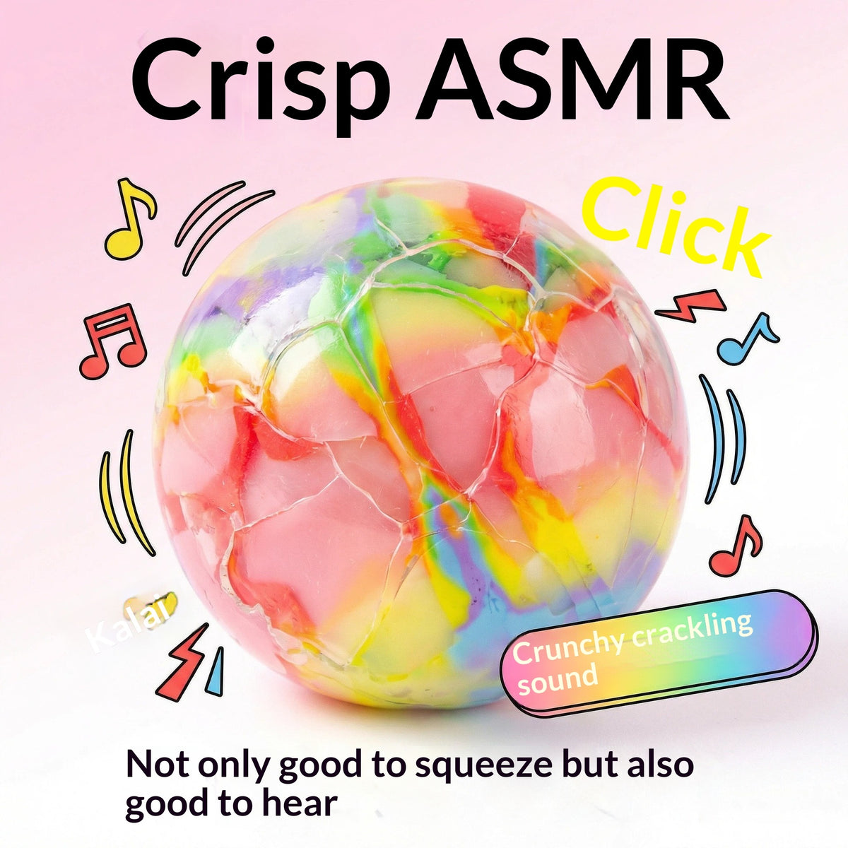 Rainbow crispy sphere stress-relief squeeze toy with glossy webbed surface, held