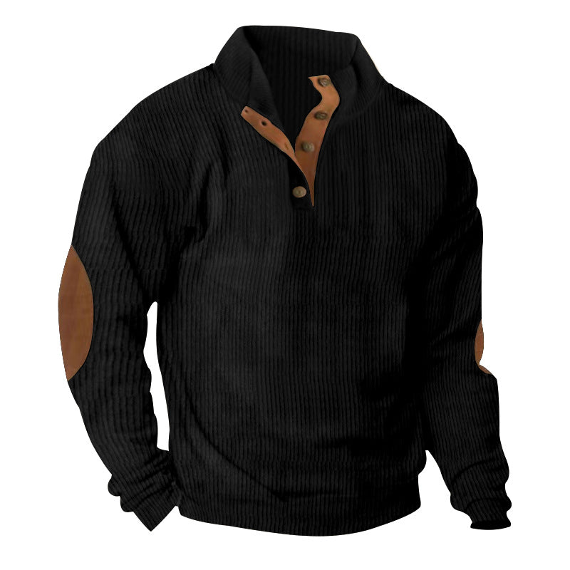 Corduroy stand collar pullover sweater in black with button placket detail