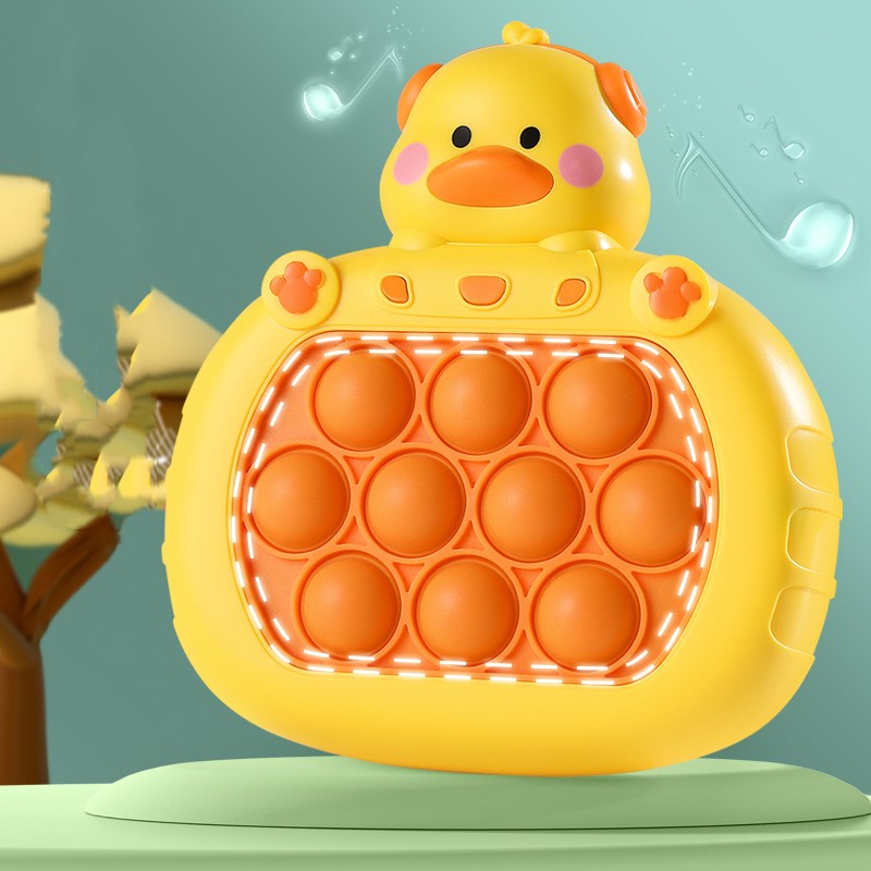 Yellow duck press-and-play bubble pop toy console with orange pop circles