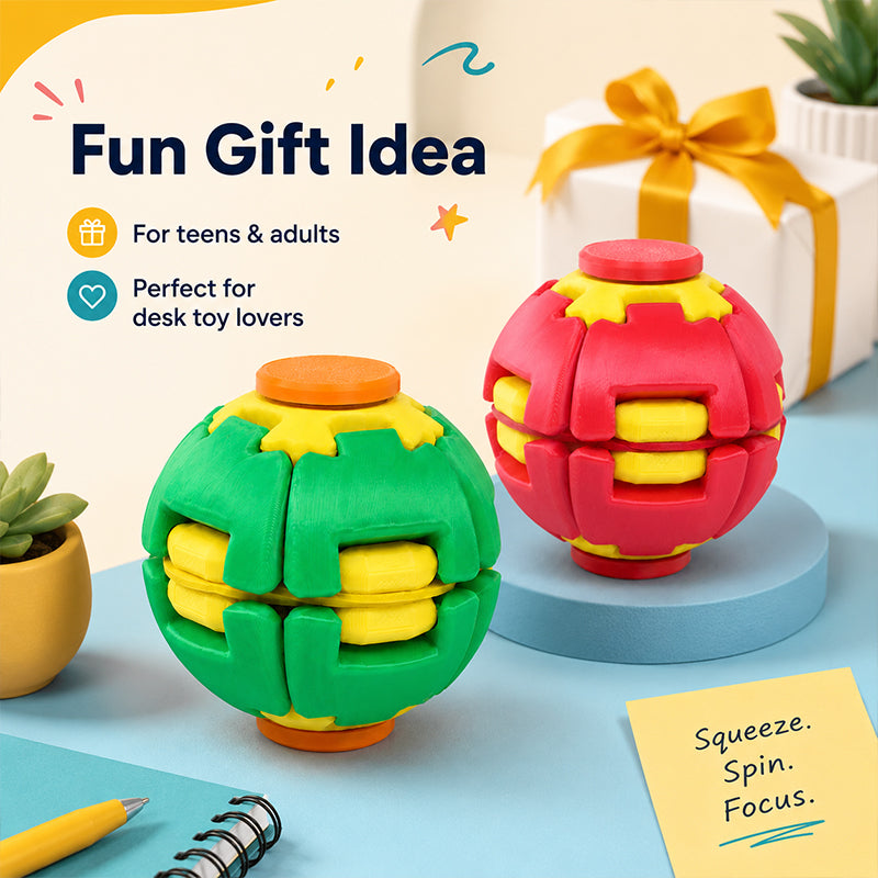 Green and yellow or red and yellow 3D printed spinning fidget balls on a tabletop