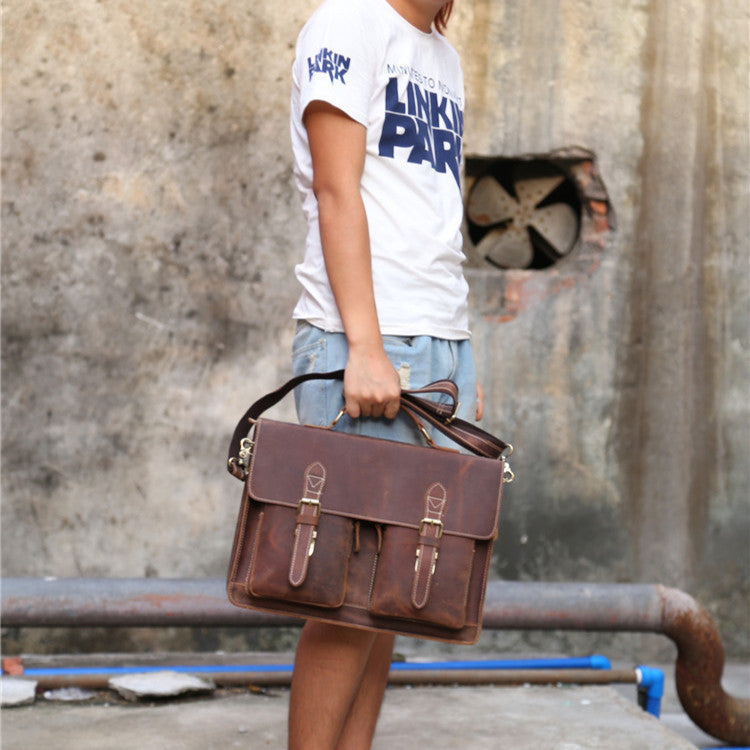 Crazy Horse Leather Shoulder Messenger Bag For Men Genuine Cowhide Handbag With Nylon Lining Yellow Brown