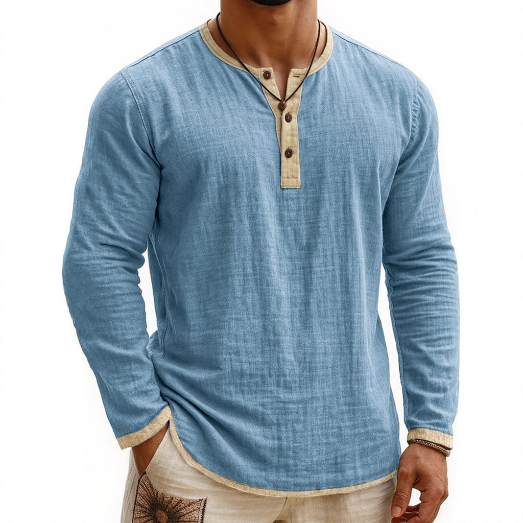 Digital Printing Two-tone Henley Shirt 3-button Men's Casual Long Sleeve