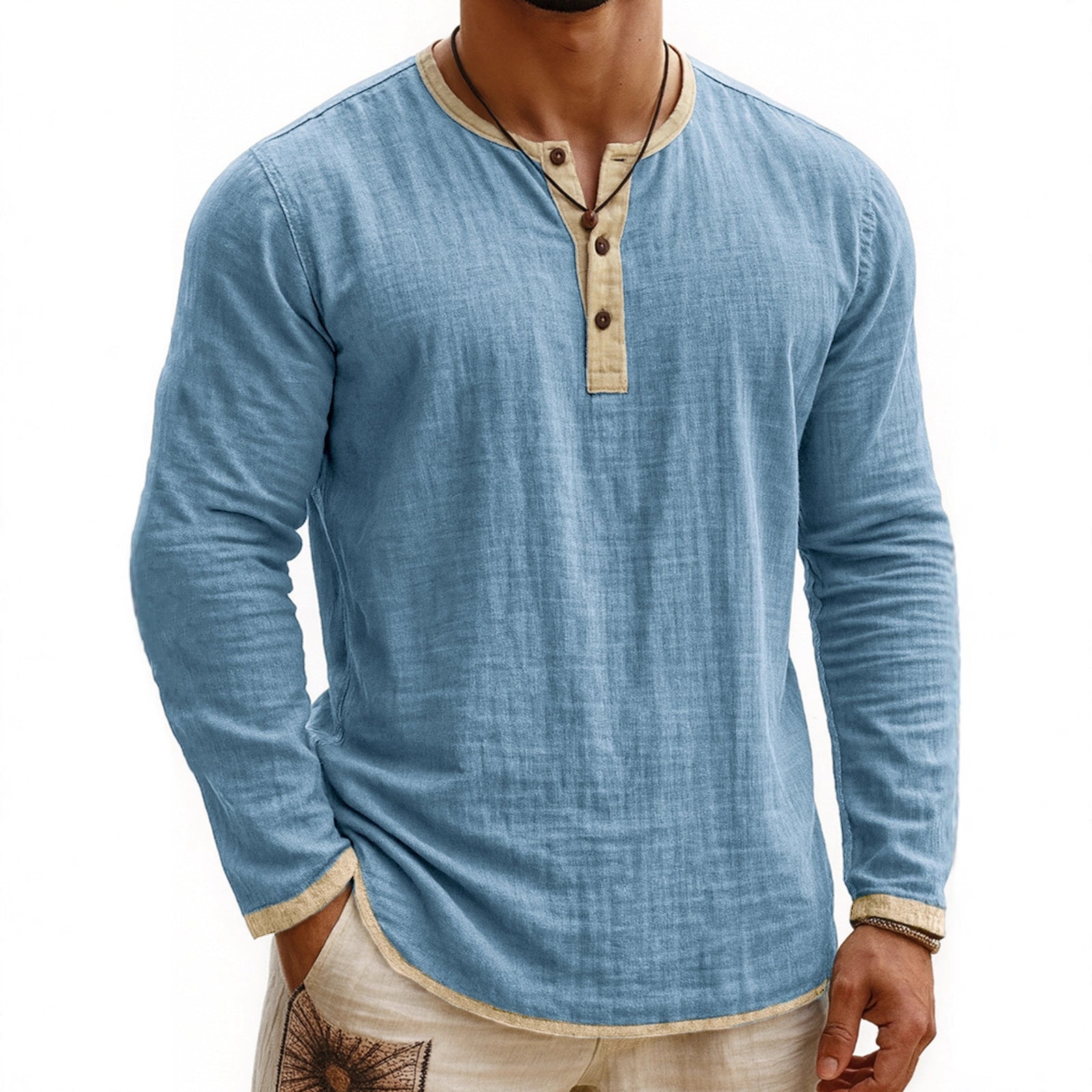 Digital Printing Two-tone Henley Shirt 3-button Men's Casual Long Sleeve