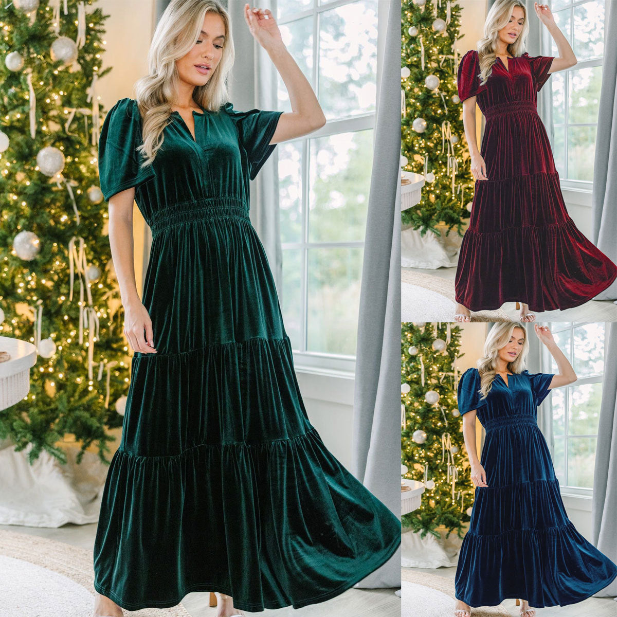 Dark green velvet tiered maxi dress with puff sleeves and gathered waist
