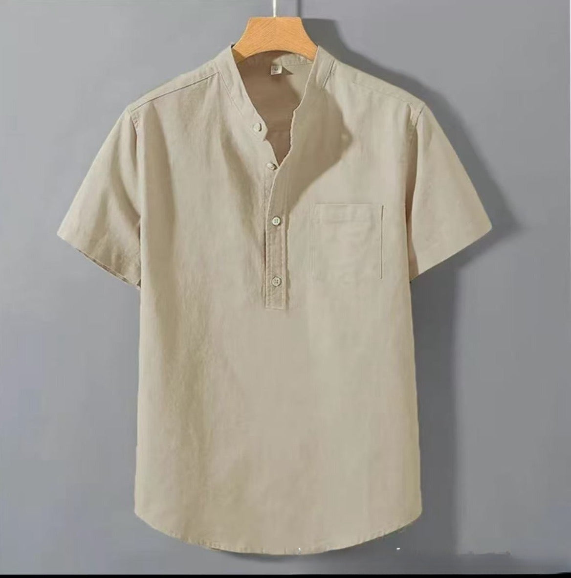 Casual Stand Collar Short Sleeve Solid Color Slub Linen Shirt Top