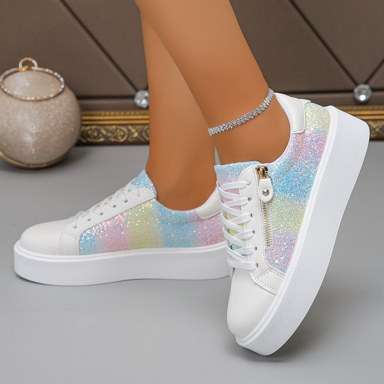 White pastel glitter platform sneakers with lace-up front, side zipper, and thick sole