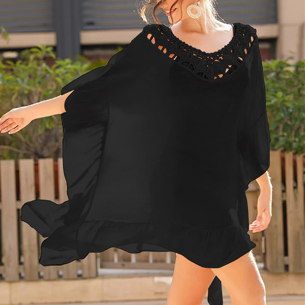 Black Polyester Beach Cover Up Tassel Square Overskirt Hand Crocheted Free Size Stitching