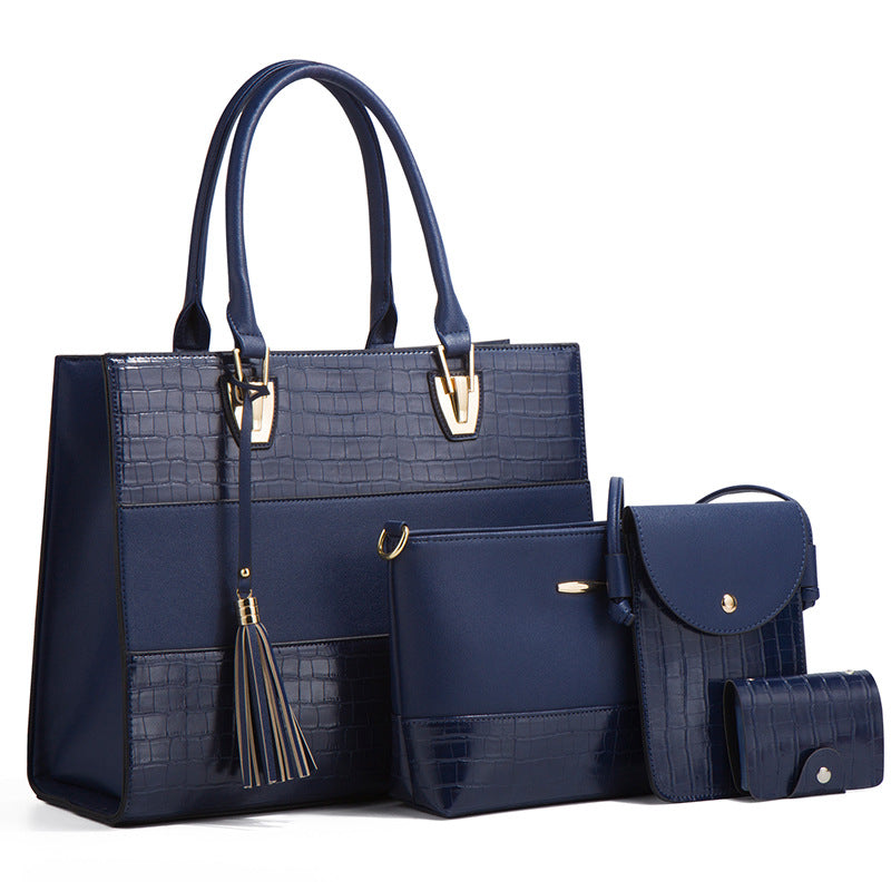 Crocodile-embossed PU handbag set in dark blue, with tassel and zipped mini bag