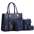 Crocodile-embossed PU handbag set in dark blue, with tassel and zipped mini bag