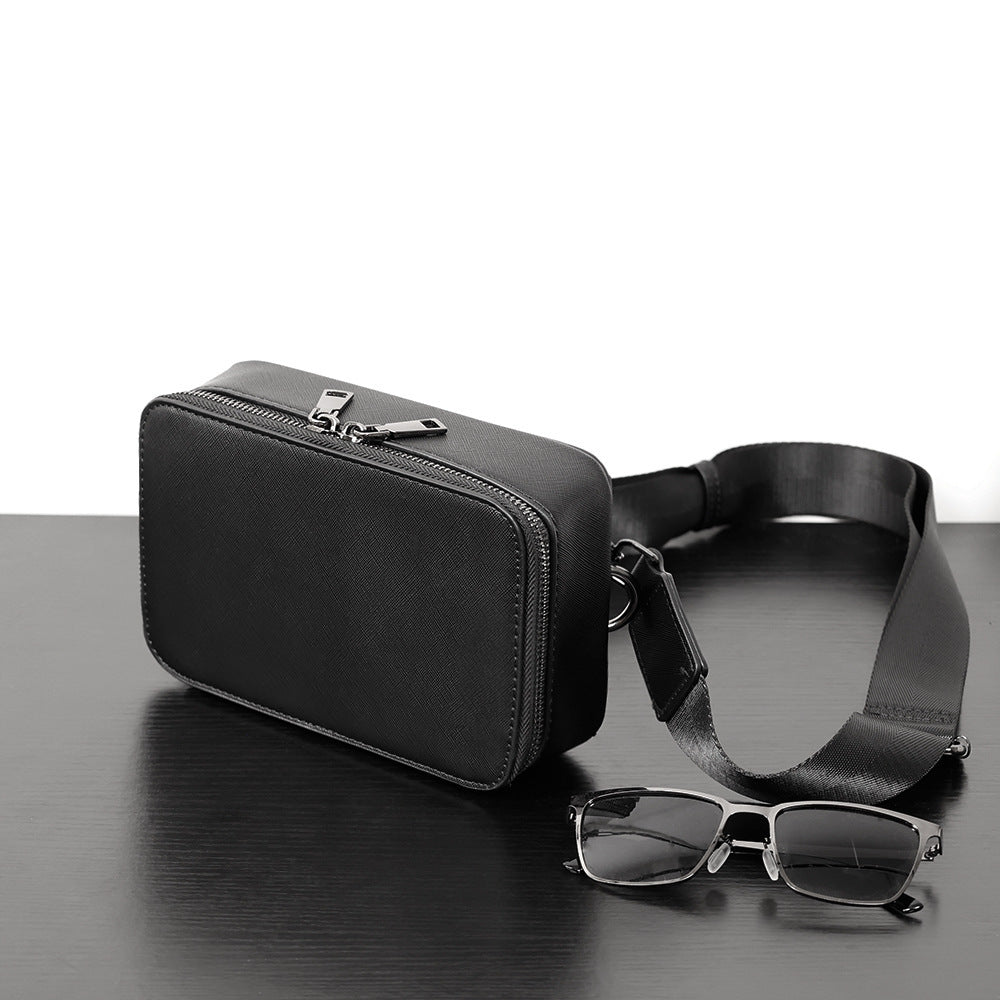 Korean Casual Men's Horizontal Crossbody Bag PU Leather Waterproof Black for Leisure Travel with Sewing Line Detail
