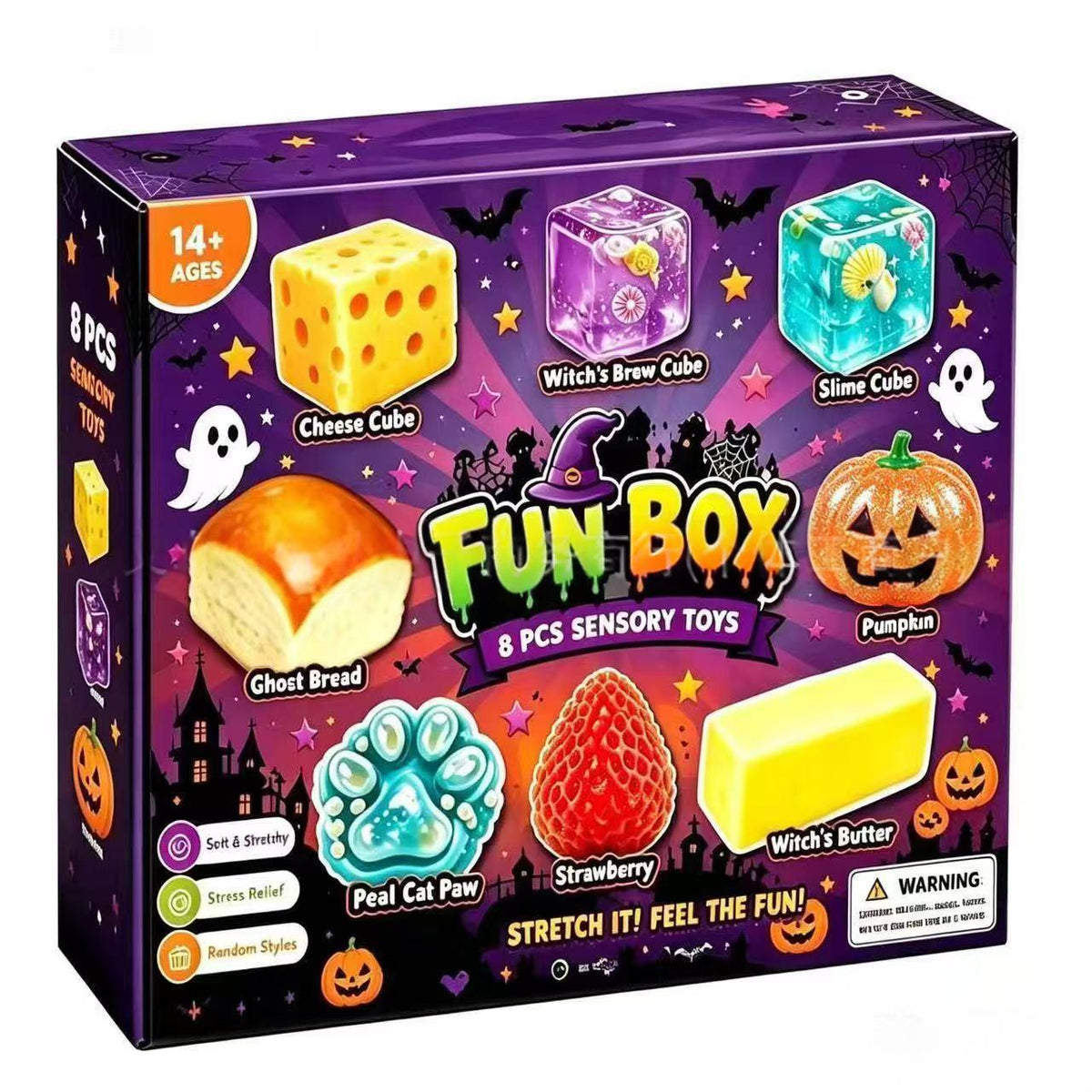 Halloween stress-relief sensory toy set box with assorted soft cube figures
