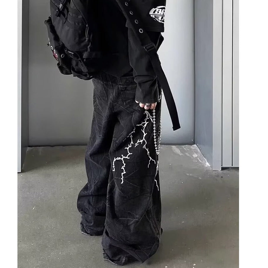 Retro Minority Washed Lightning Embroidered Jeans