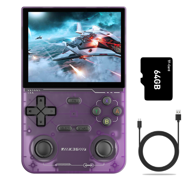 Retro handheld game console in purple with 3.5-inch IPS screen, dual sticks, and USB cable.