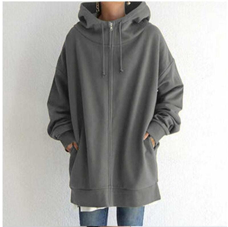 Women’s oversized hooded zip coat in charcoal gray, long sleeves with front pockets