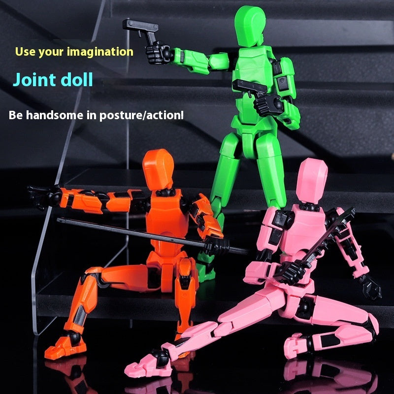 Multi-joint robot action figure with green, orange, and pink bodies plus weapon accessories