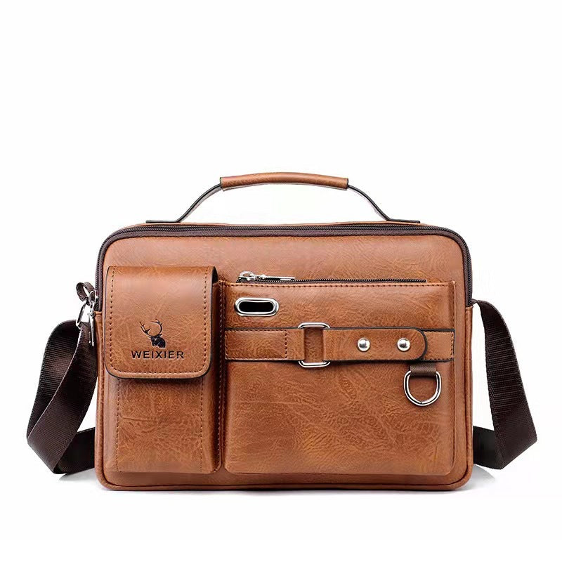 Men's Casual Fashion Crossbody Shoulder Bag PU Leather 8in Clamshell With Letter Print In Khaki Black Dark Brown