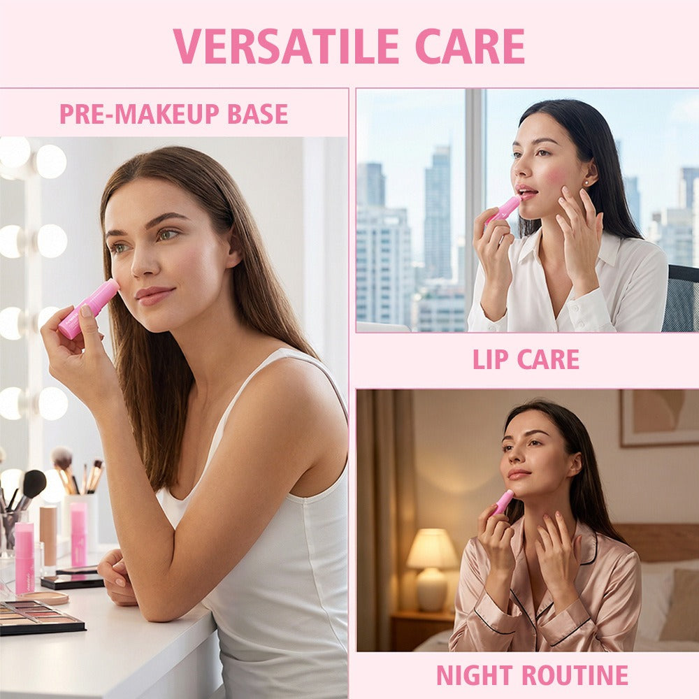 Pink collagen balm stick held for lip care and daily routine