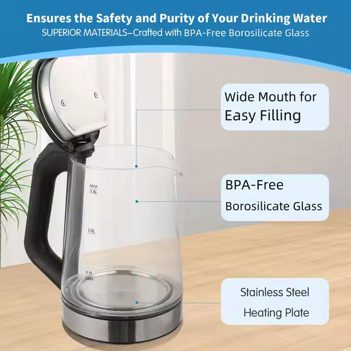 Cordless Transparent Glass Electric Kettle 1.6L 2.0L Capacity 1500W Auto Power Off For Home Hotel And Commercial Use