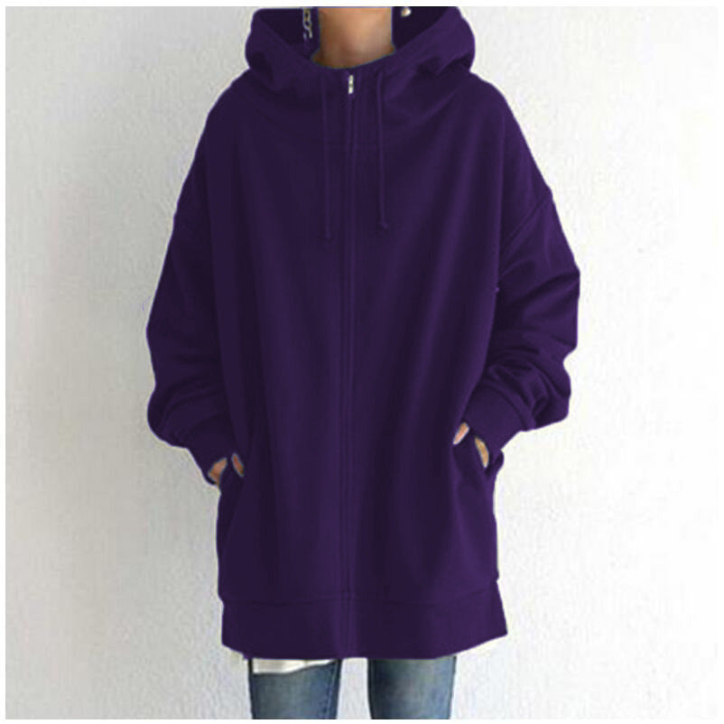 Women’s oversized purple zip-up hooded coat with long sleeves and drawstring hood