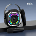 Portable karaoke speaker with wireless microphone, black body and rainbow LED ring