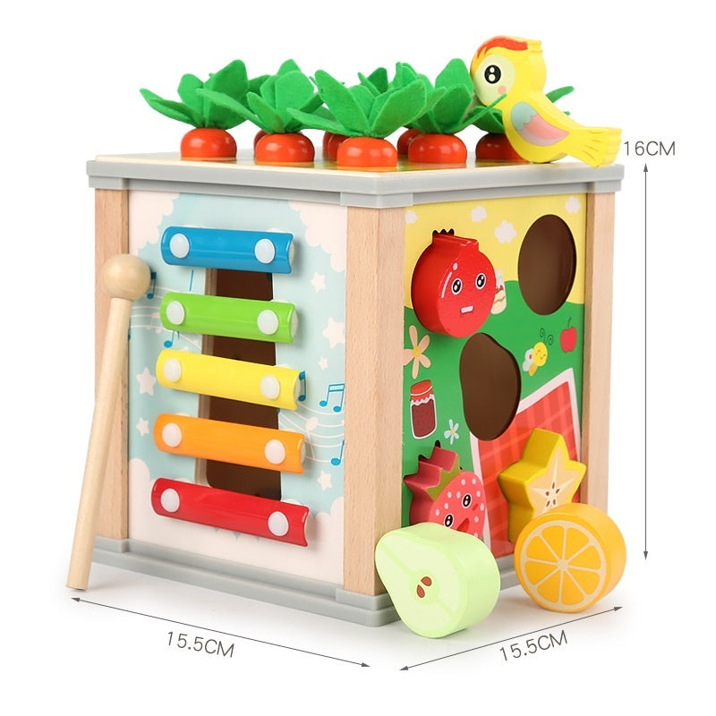 Wooden activity toy cube with rainbow xylophone bars, fruit shapes, star, and carrot pieces