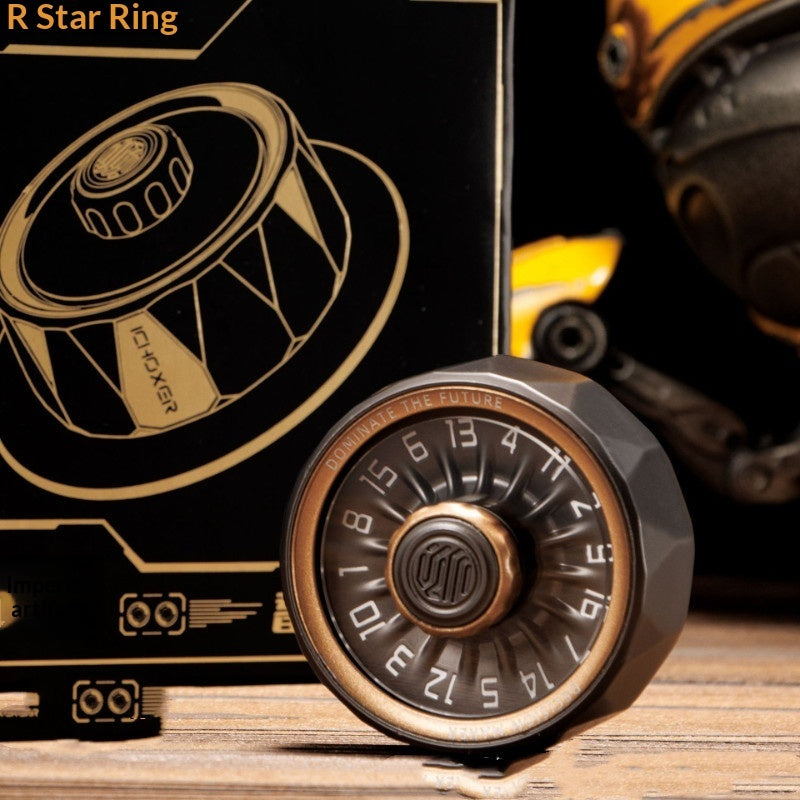Bronze-trimmed spinner wheel with numbered bezel and central swirl emblem