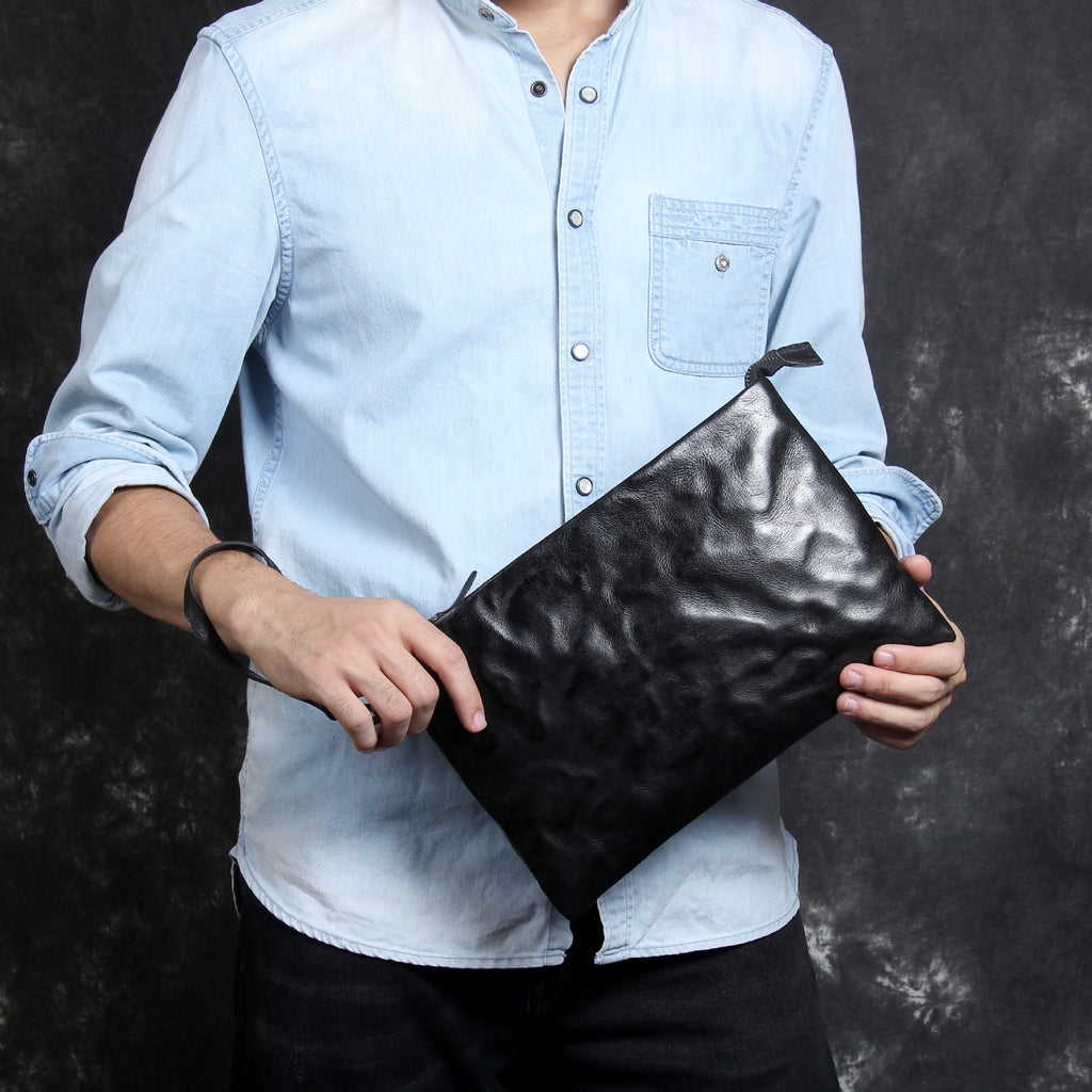 Mens Genuine Leather Envelope Bag First Layer Cowhide Large Capacity Handheld Retro Style For Office