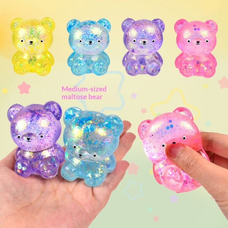 Translucent glitter maltose bear stress toy, pink held with blue purple yellow bears