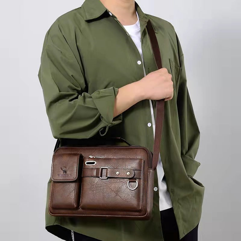 Men's Casual Fashion Crossbody Shoulder Bag PU Leather 8in Clamshell With Letter Print In Khaki Black Dark Brown