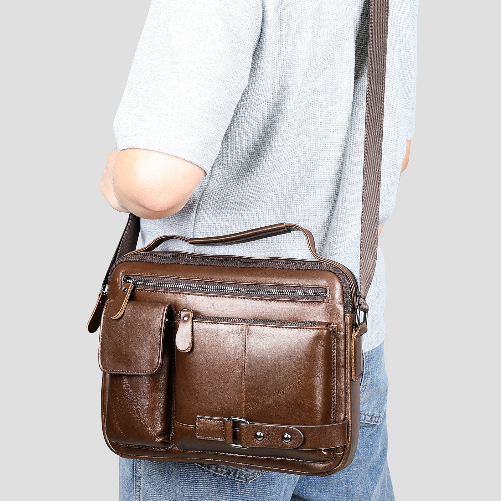 Men's High Sense Oil Wax Genuine Leather Messenger Bag For Business Travel And Daily Use