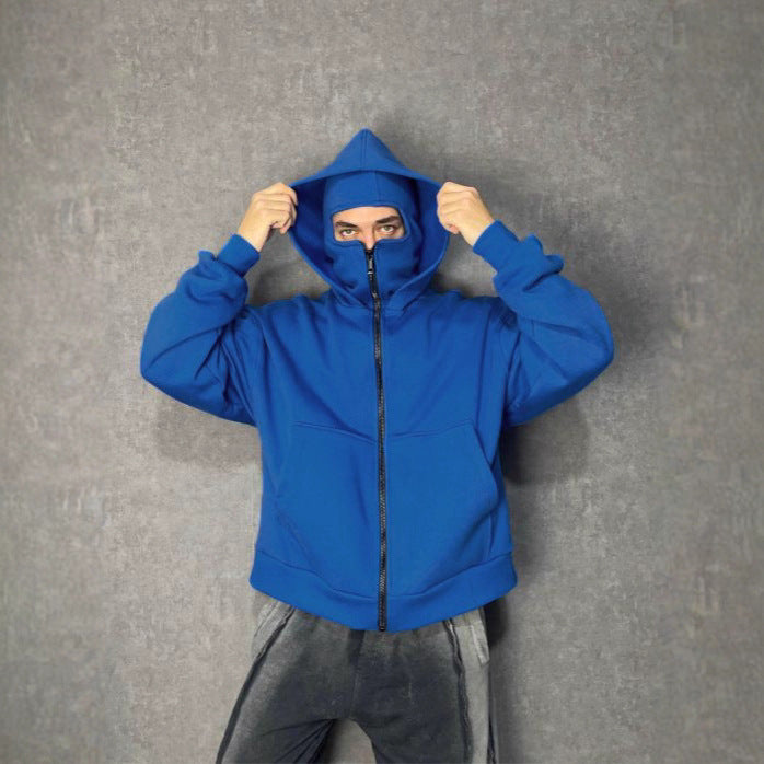 Double-layer Masked Hooded Loose Zip Men's Solid Color Hoodie