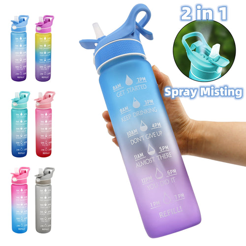 1000ml motivational spray water bottle with straw; blue-to-purple gradient and time markers