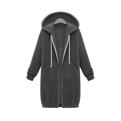 Dark grey hooded long-sleeve fleece jacket with full zipper and drawstring hood