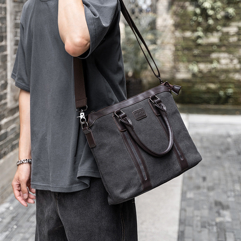 Canvas Shoulder Messenger Bag For Men Black Business Briefcase With Soft Handle And Polyester Lining