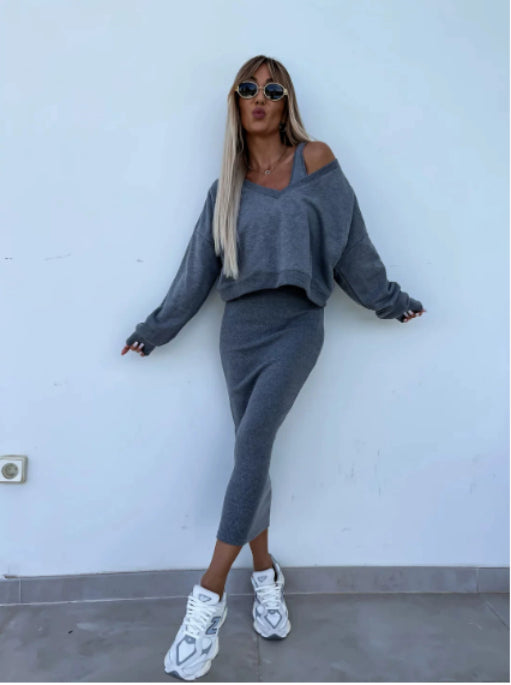 Charcoal gray 2-piece set with long-sleeve V-neck sweatshirt and sleeveless midi dress
