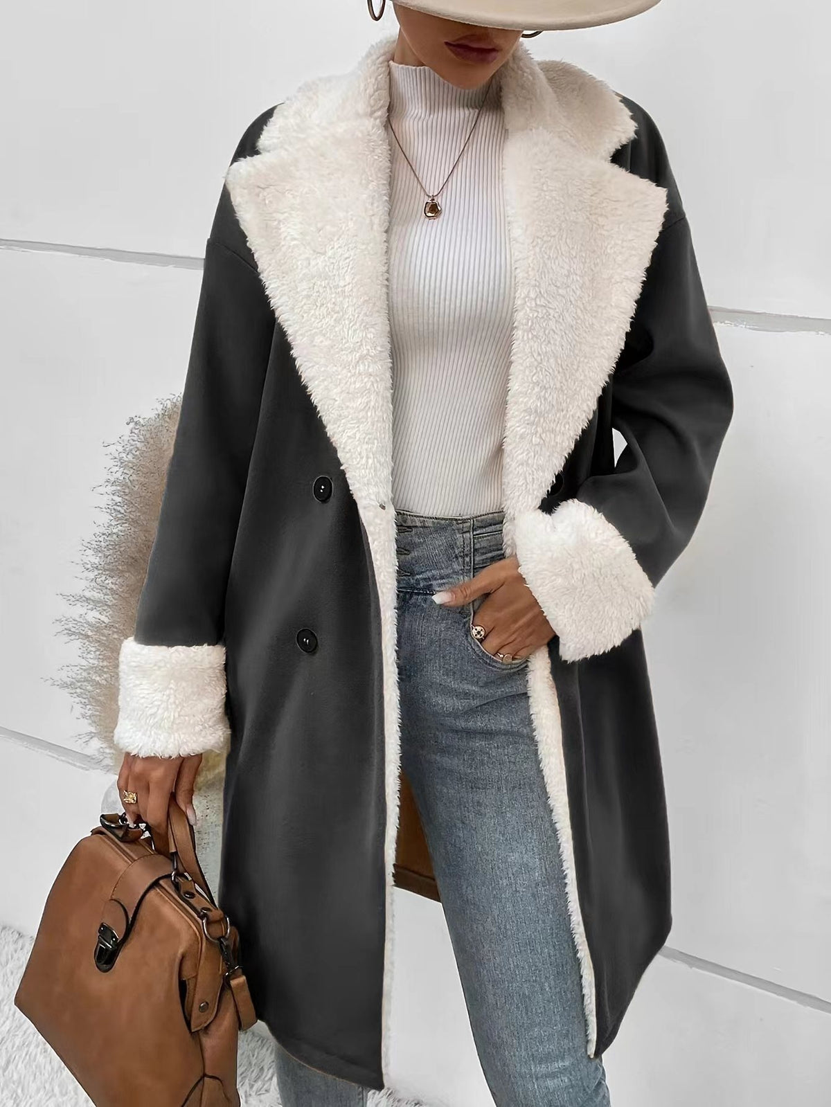 Women's wool coat with faux shearling collar and cuffs, dark gray, button front