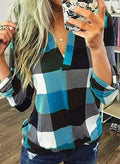 Plaid long sleeve V-neck tunic top, blue-black-white check with relaxed fit