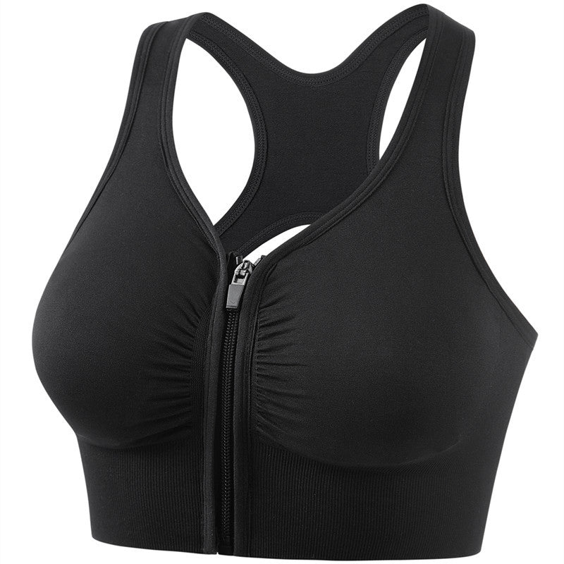 Black zip-front full-cup shockproof sports bra with racerback straps