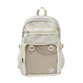 White large capacity nylon backpack with front zip pocket, mesh panel, and star badge