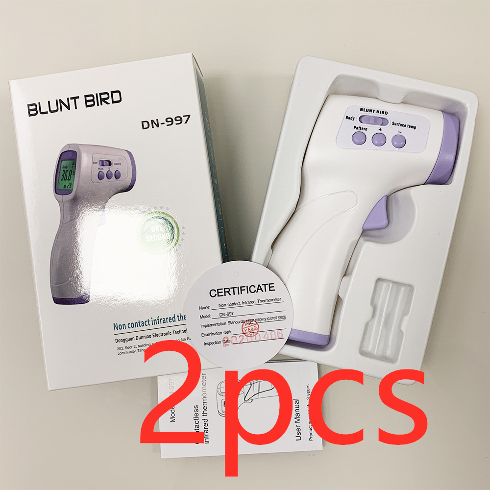 Infrared non-contact forehead thermometer with white and purple body, box and certificate insert